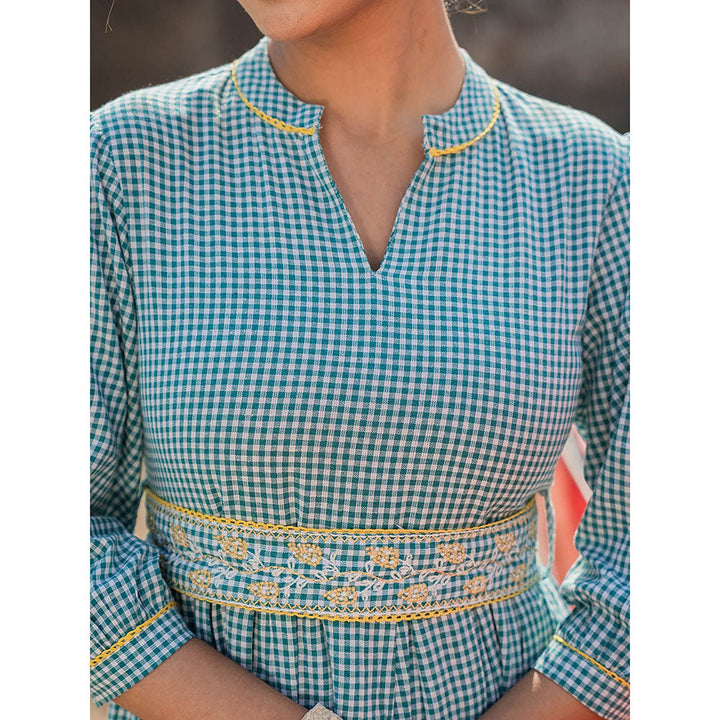 Yufta Blue Cotton Check Comes with A Belt Dress (Set of 2)