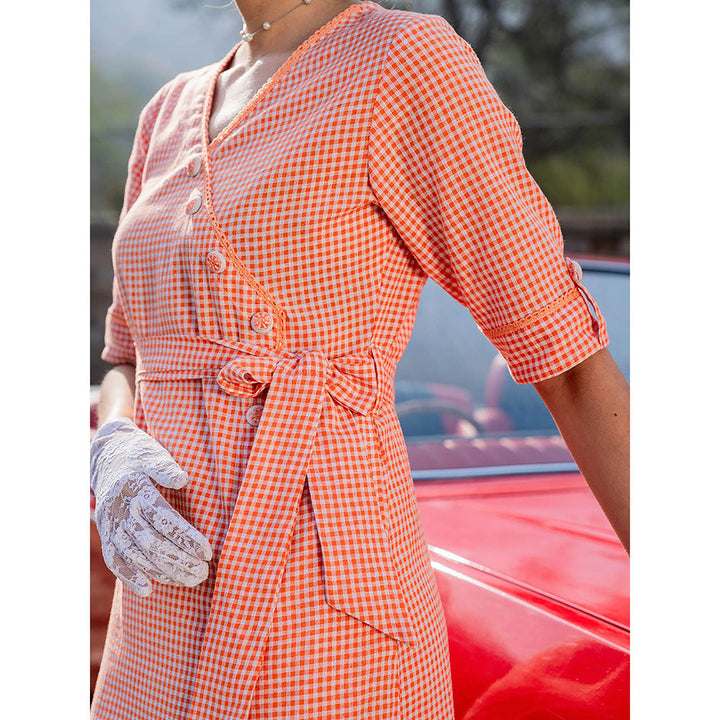 Yufta Orange Cotton Check Comes with A Belt Dress (Set of 2)