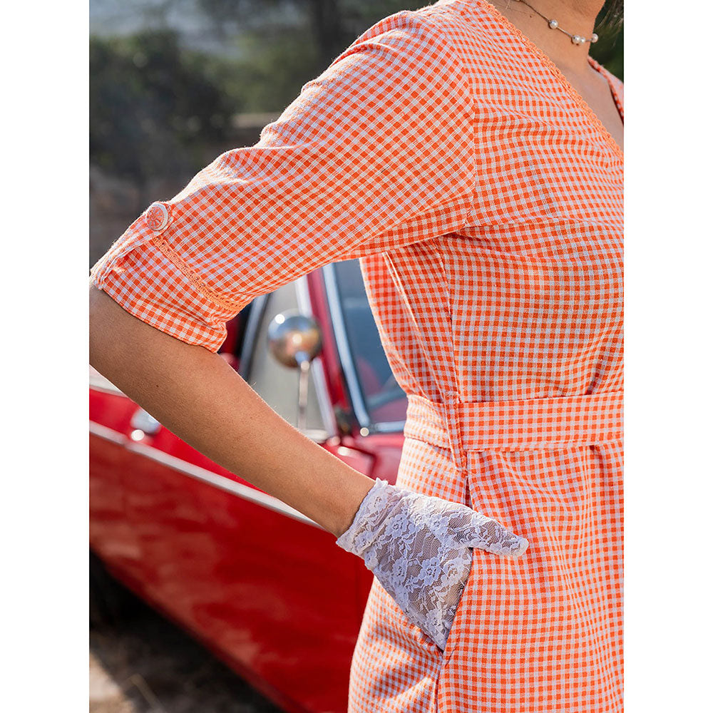 Yufta Orange Cotton Check Comes with A Belt Dress (Set of 2)