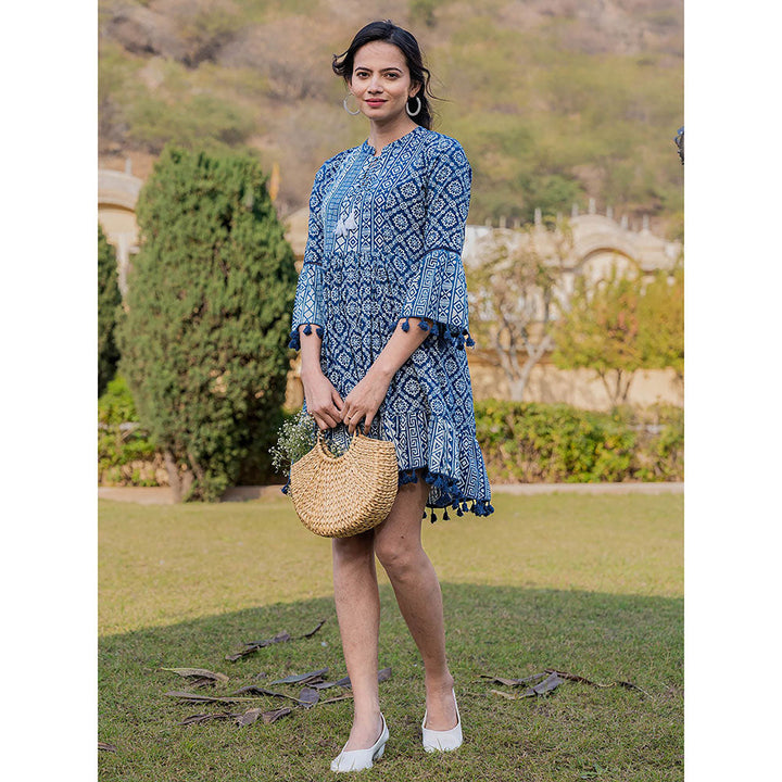 Yufta Blue Pure Cotton Ethnic Motifs Less Border Tassels Mini Dress