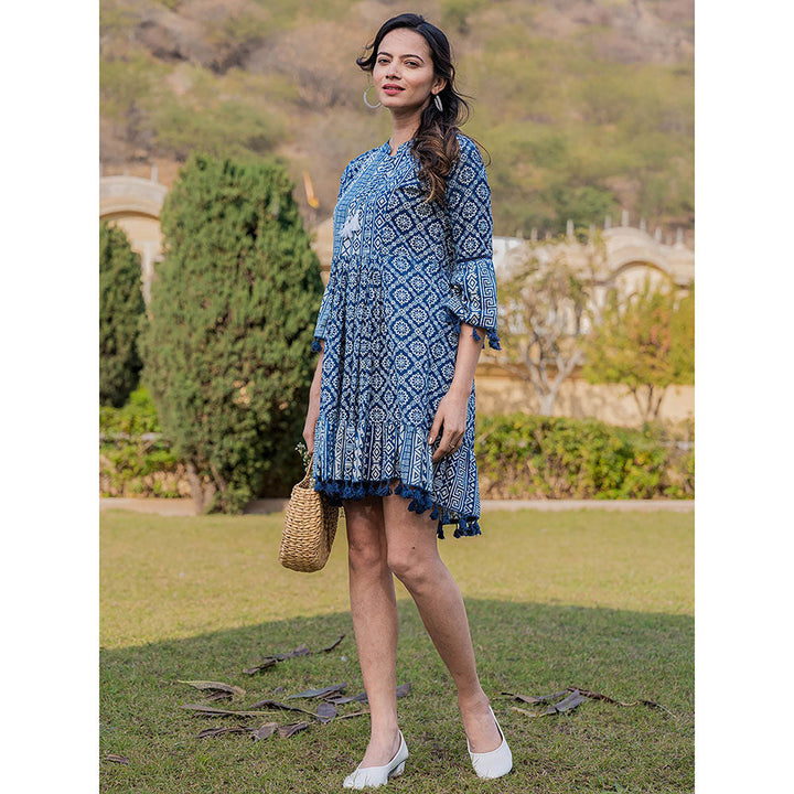 Yufta Blue Pure Cotton Ethnic Motifs Less Border Tassels Mini Dress