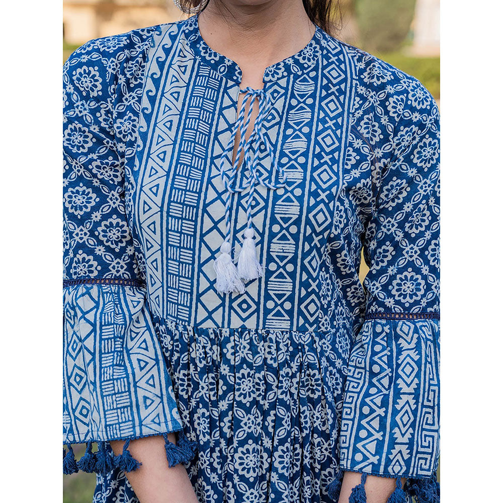 Yufta Blue Pure Cotton Ethnic Motifs Less Border Tassels Mini Dress