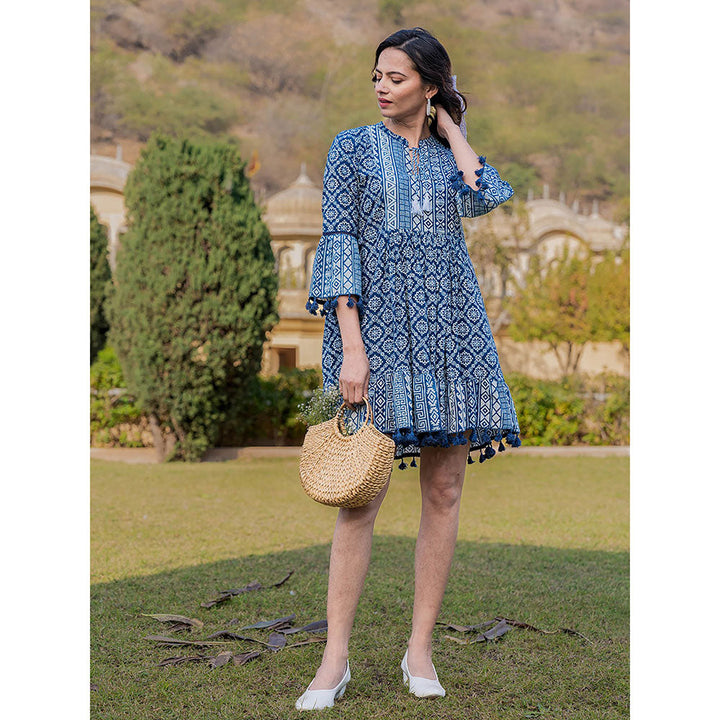 Yufta Blue Pure Cotton Ethnic Motifs Less Border Tassels Mini Dress