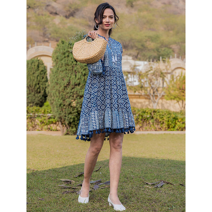 Yufta Blue Pure Cotton Ethnic Motifs Less Border Tassels Mini Dress