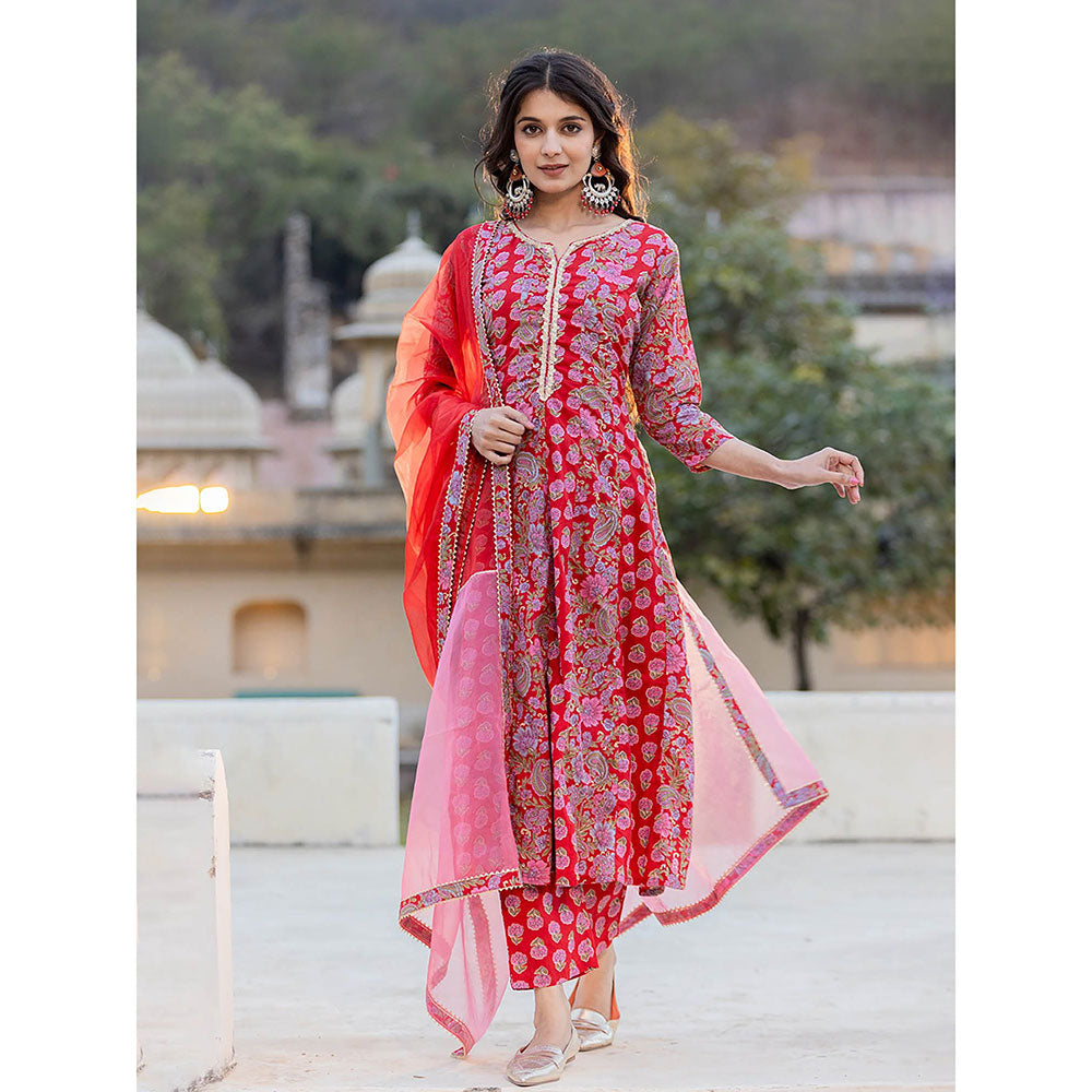 Yufta Red Floral Print Anarkali Kurta Trouser & Dupatta (Set of 3)