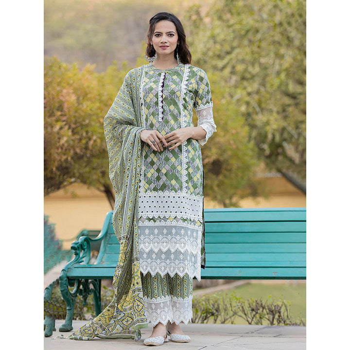 Yufta Green Printed Kurta with Trousers & Dupatta (Set of 3)