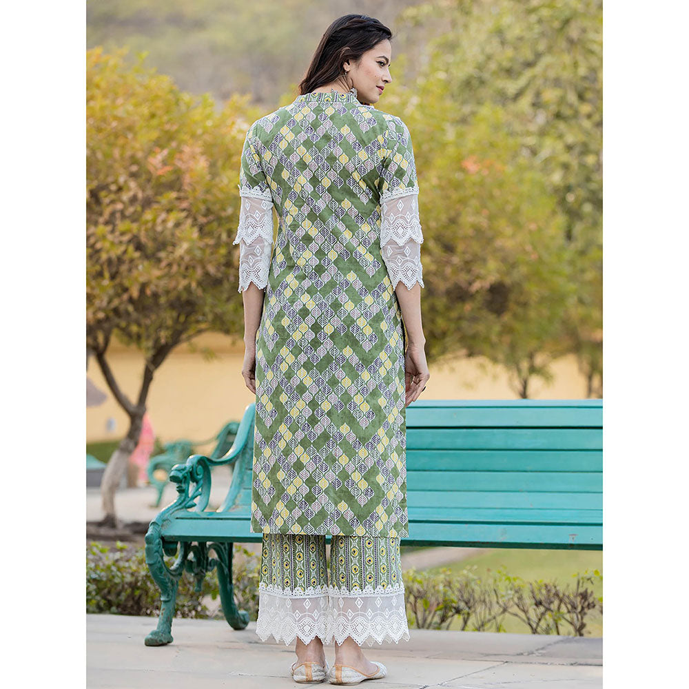 Yufta Green Printed Kurta with Trousers & Dupatta (Set of 3)