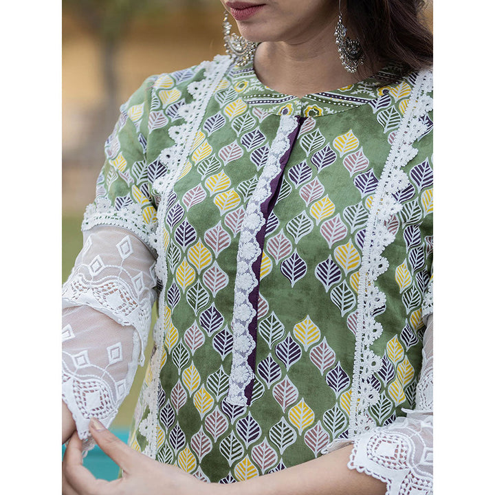 Yufta Green Printed Kurta with Trousers & Dupatta (Set of 3)