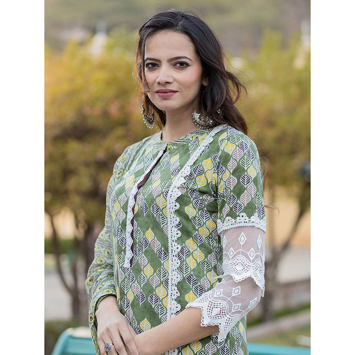 Yufta Green Printed Kurta with Trousers & Dupatta (Set of 3)