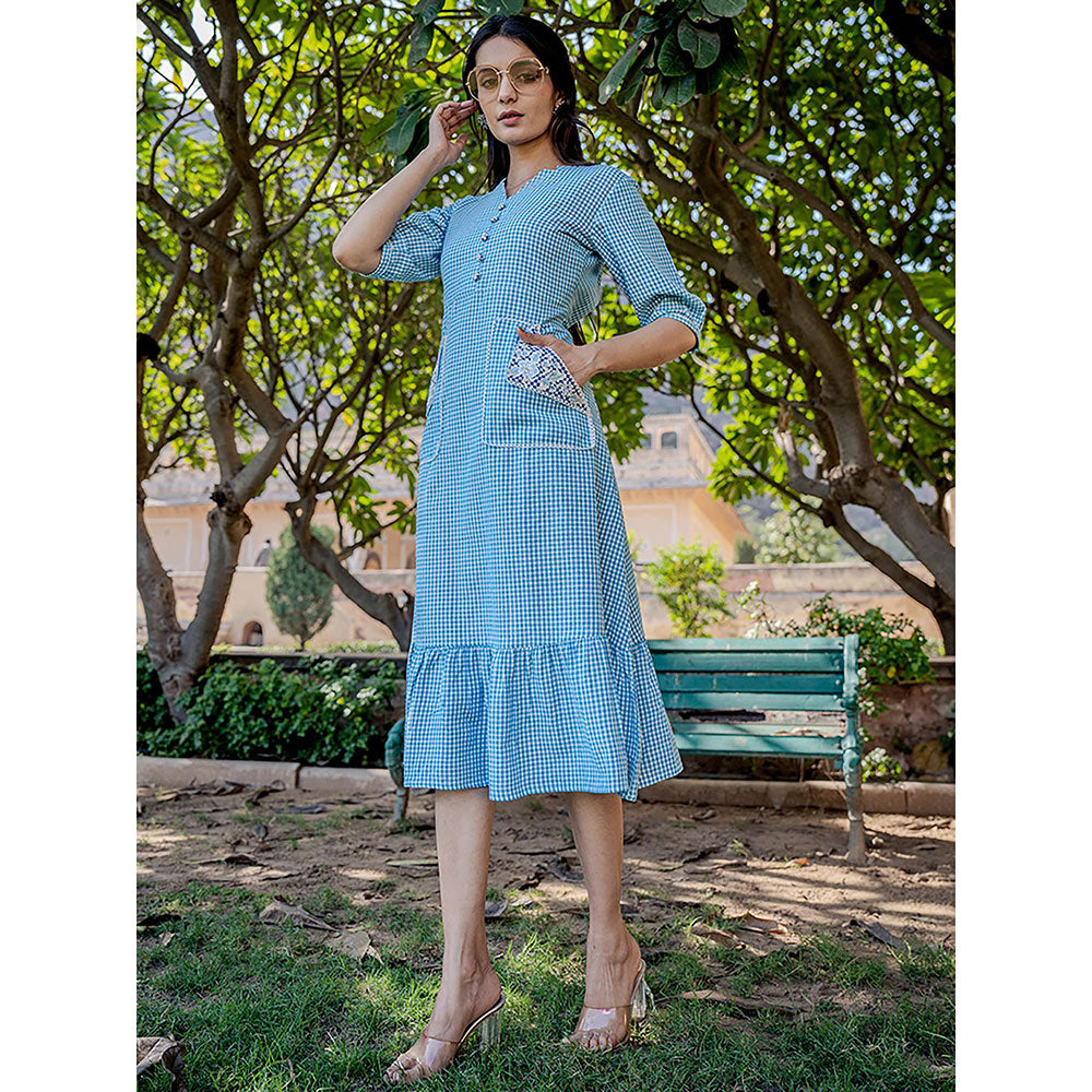 Yufta Sky Blue Check Tiered Dress