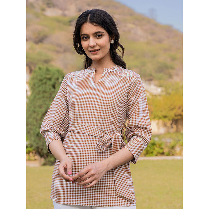 Yufta Weaved Brown Cotton Checks Printed Top with Belt (Set of 2)