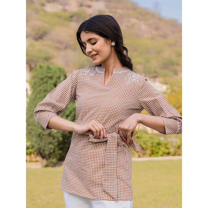 Yufta Weaved Brown Cotton Checks Printed Top with Belt (Set of 2)