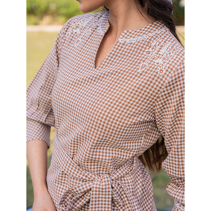 Yufta Weaved Brown Cotton Checks Printed Top with Belt (Set of 2)