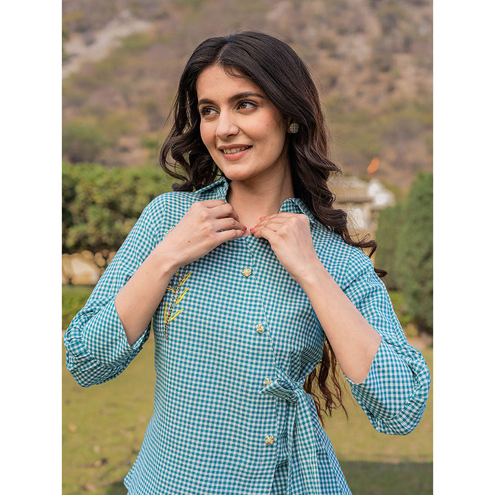 Yufta Weaved Sea Green Cotton Checks Printed Top