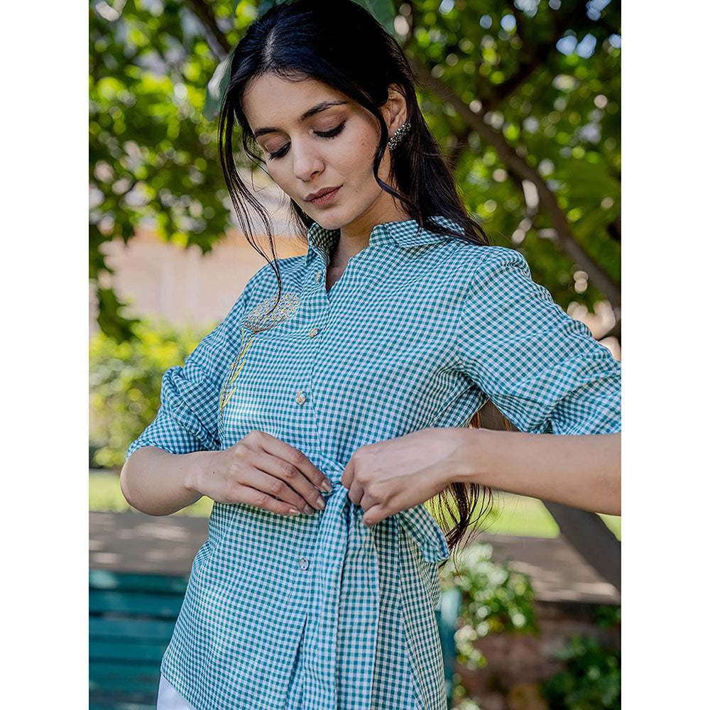 Yufta Weaved Sea Green Cotton Checks Printed Top