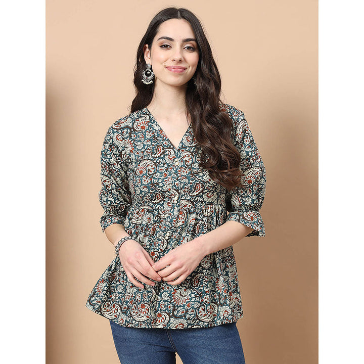 Yufta Blue Cotton Kalamkari Peplum Top