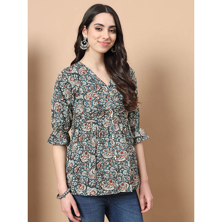 Yufta Blue Cotton Kalamkari Peplum Top