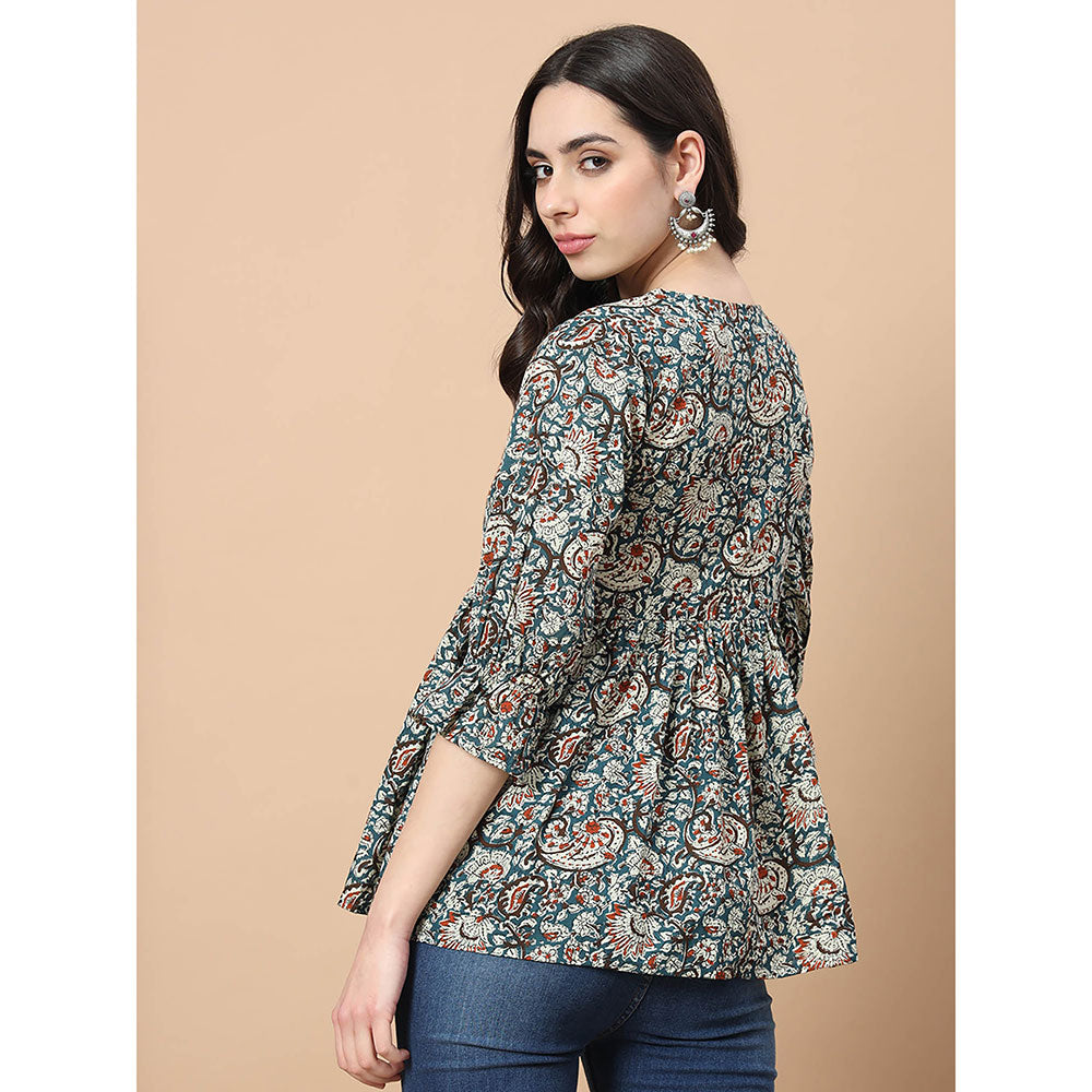 Yufta Blue Cotton Kalamkari Peplum Top