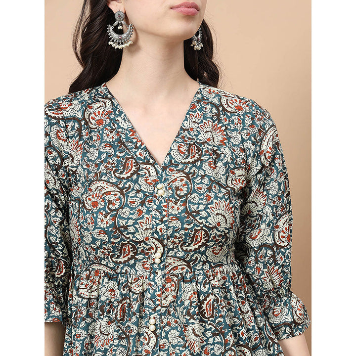 Yufta Blue Cotton Kalamkari Peplum Top