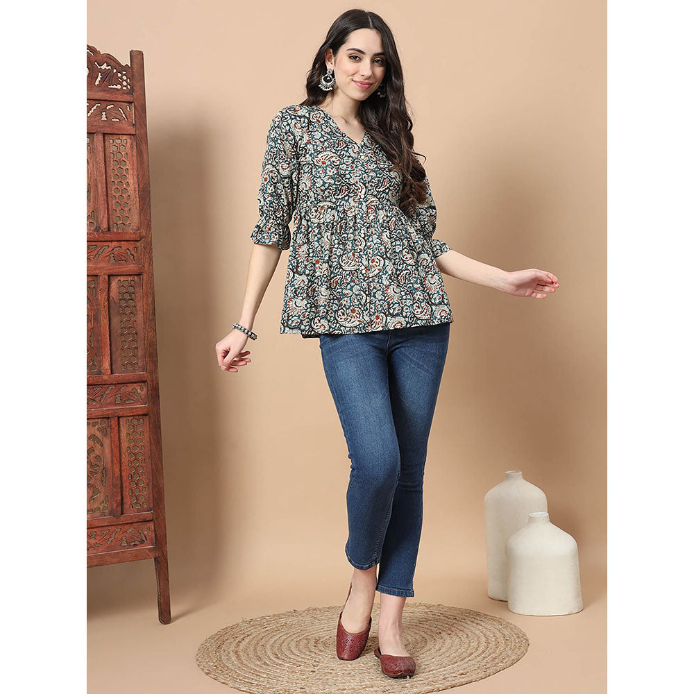 Yufta Blue Cotton Kalamkari Peplum Top