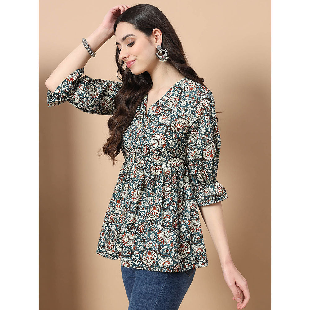 Yufta Blue Cotton Kalamkari Peplum Top