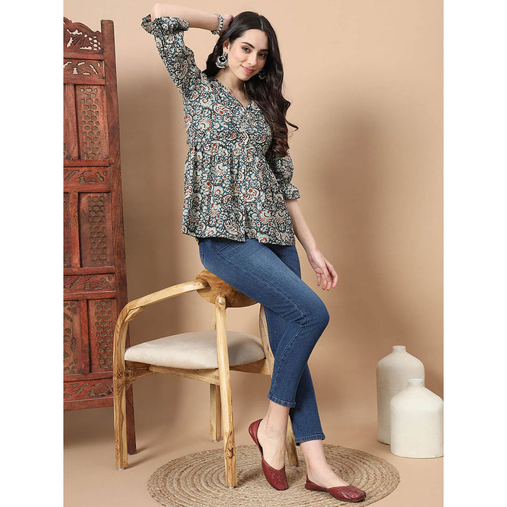 Yufta Blue Cotton Kalamkari Peplum Top