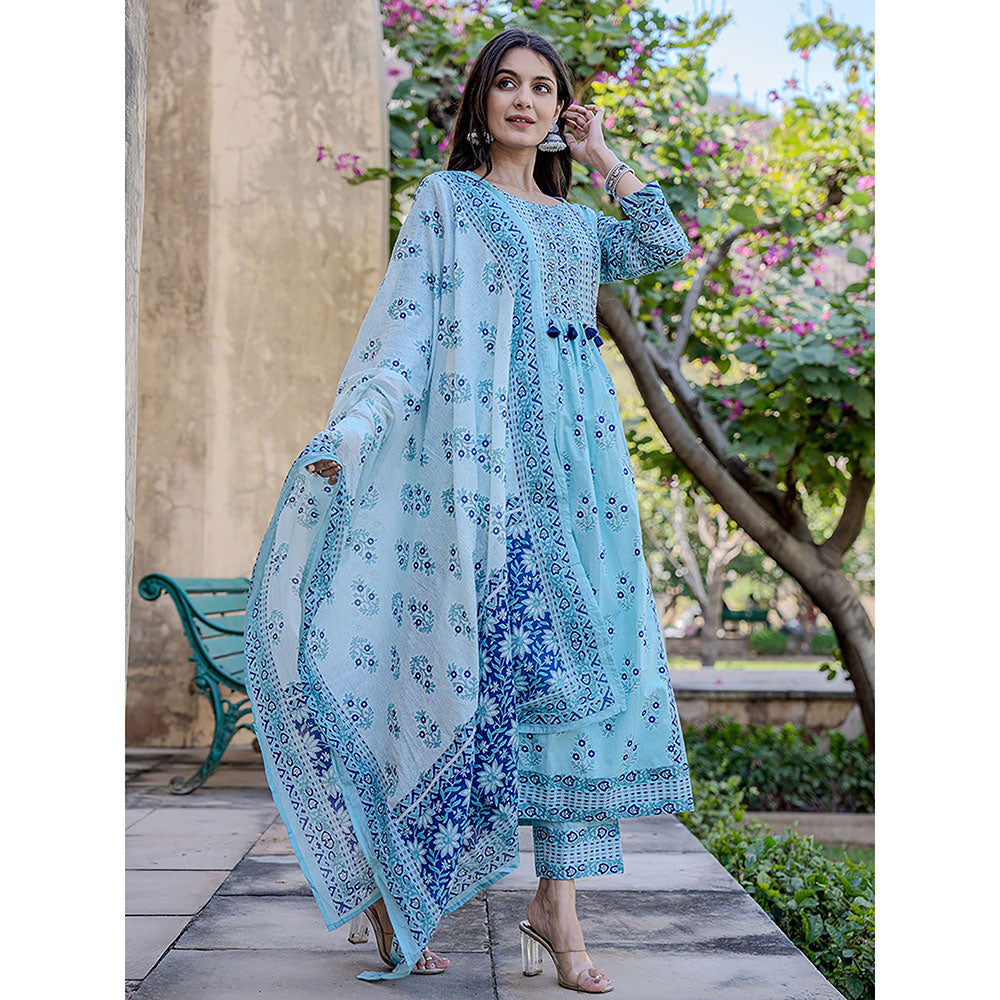 Yufta Sky Blue Ethnic Motifs A-Line Kurta Pant & Dupatta (Set of 3)