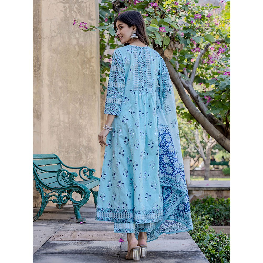 Yufta Sky Blue Ethnic Motifs A-Line Kurta Pant & Dupatta (Set of 3)