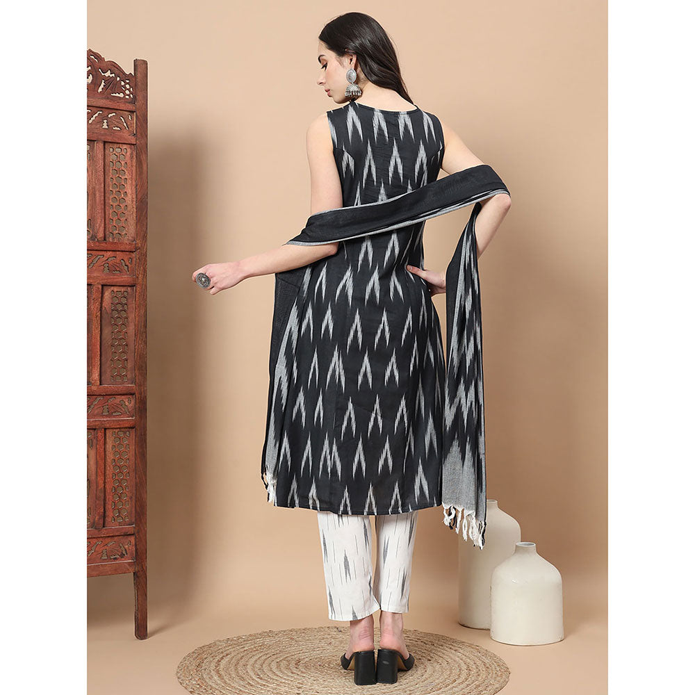 Yufta Black Ikat Print A-Line Kurta Trouser & Dupatta (Set of 3)