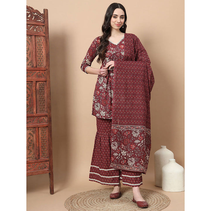 Yufta Maroon Floral Print Straight Alia-Cut Kurta Sharara & Dupatta (Set of 3)