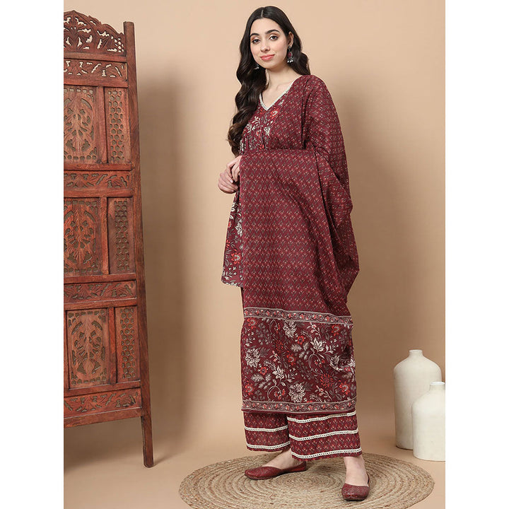 Yufta Maroon Floral Print Straight Alia-Cut Kurta Sharara & Dupatta (Set of 3)