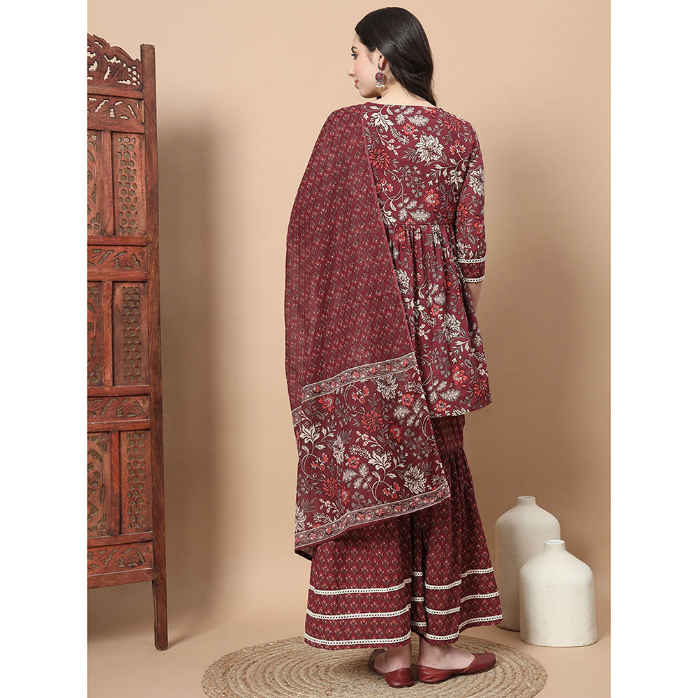 Yufta Maroon Floral Print Straight Alia-Cut Kurta Sharara & Dupatta (Set of 3)