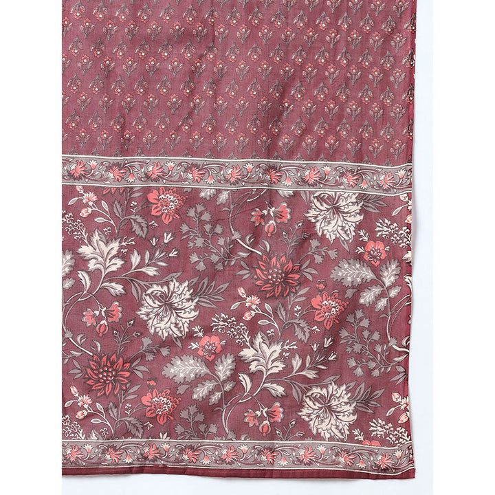 Yufta Maroon Floral Print Straight Alia-Cut Kurta Sharara & Dupatta (Set of 3)