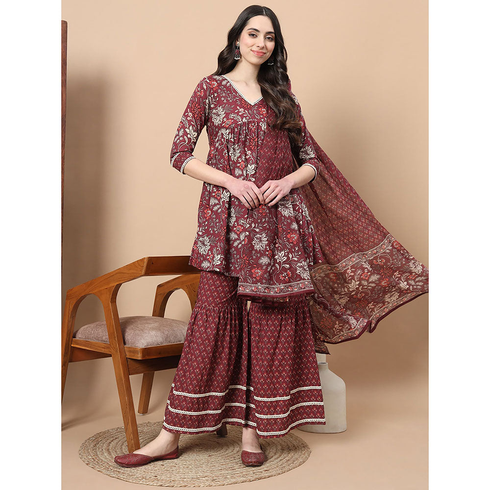 Yufta Maroon Floral Print Straight Alia-Cut Kurta Sharara & Dupatta (Set of 3)