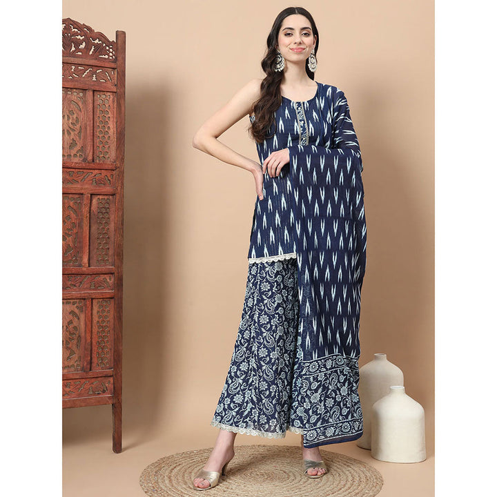 Yufta Blue Cotton Sleeveless Ikat Print Kurta Palazzo & Dupatta (Set of 3)