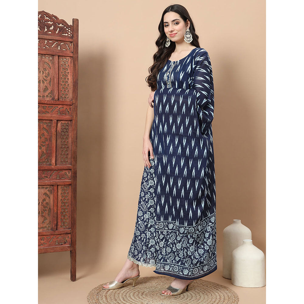 Yufta Blue Cotton Sleeveless Ikat Print Kurta Palazzo & Dupatta (Set of 3)