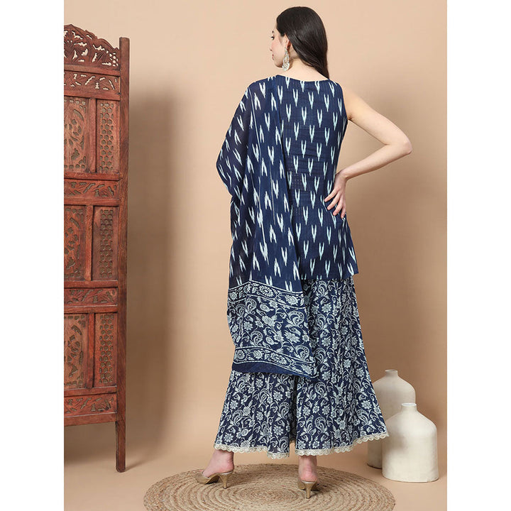 Yufta Blue Cotton Sleeveless Ikat Print Kurta Palazzo & Dupatta (Set of 3)