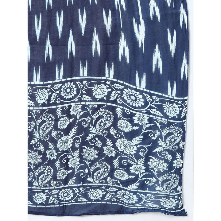 Yufta Blue Cotton Sleeveless Ikat Print Kurta Palazzo & Dupatta (Set of 3)