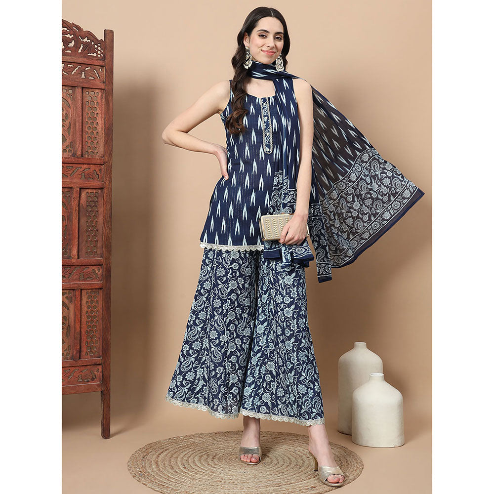 Yufta Blue Cotton Sleeveless Ikat Print Kurta Palazzo & Dupatta (Set of 3)