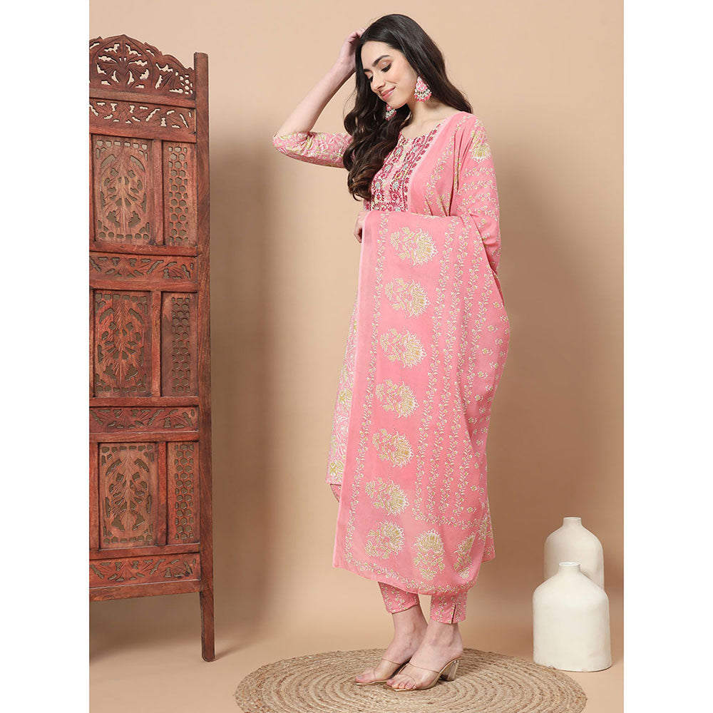 Yufta Pink Printed Cotton Kurta Trouser & Dupatta (Set of 3)