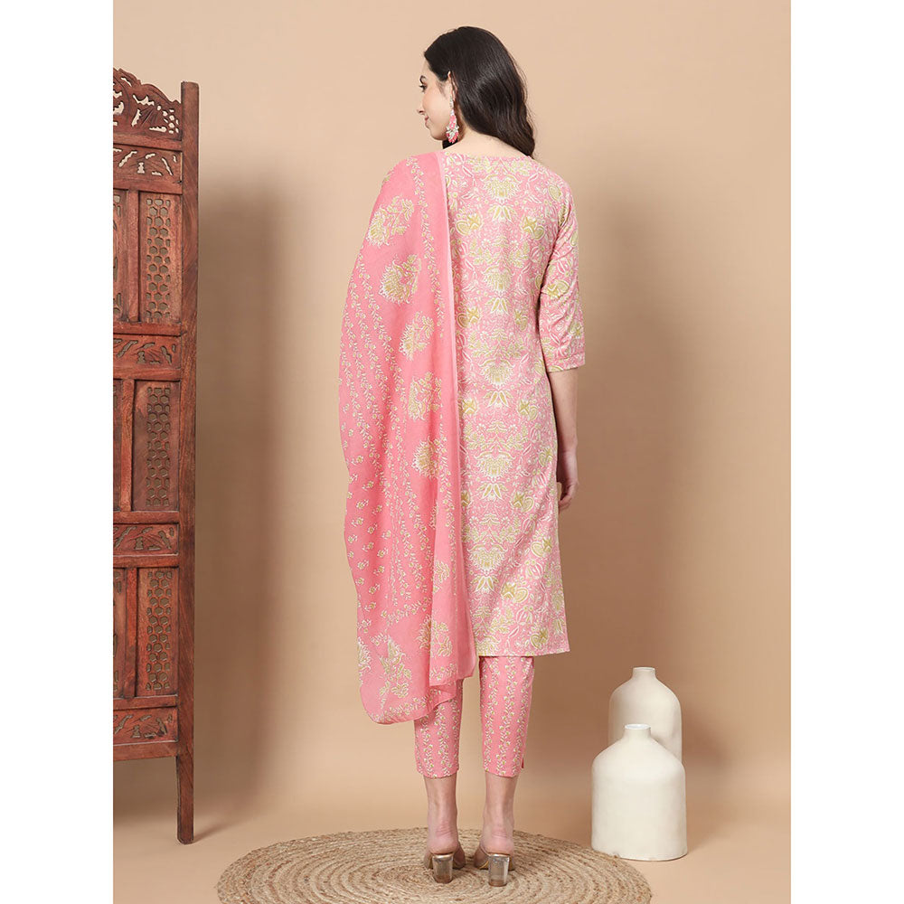 Yufta Pink Printed Cotton Kurta Trouser & Dupatta (Set of 3)