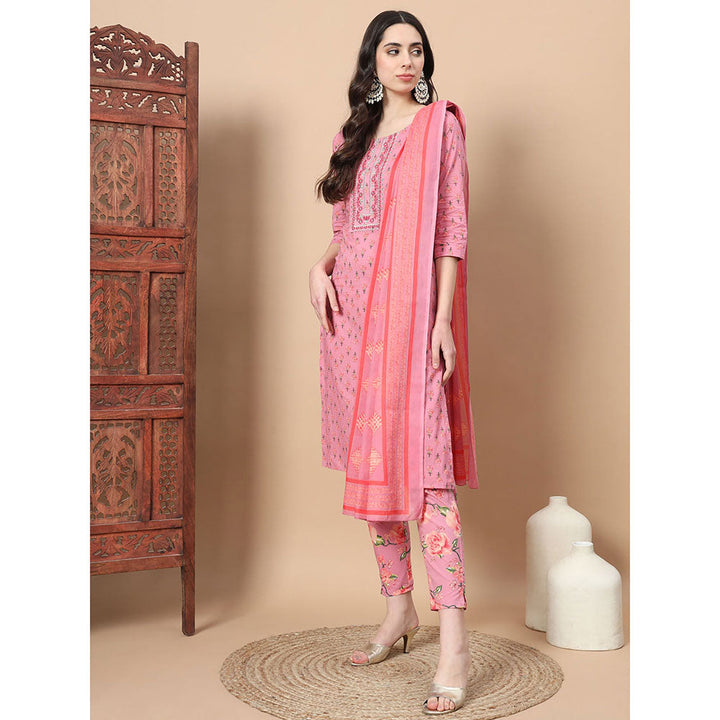 Yufta Pink Ethnic Motifs Cotton Kurta Trouser & Dupatta (Set of 3)