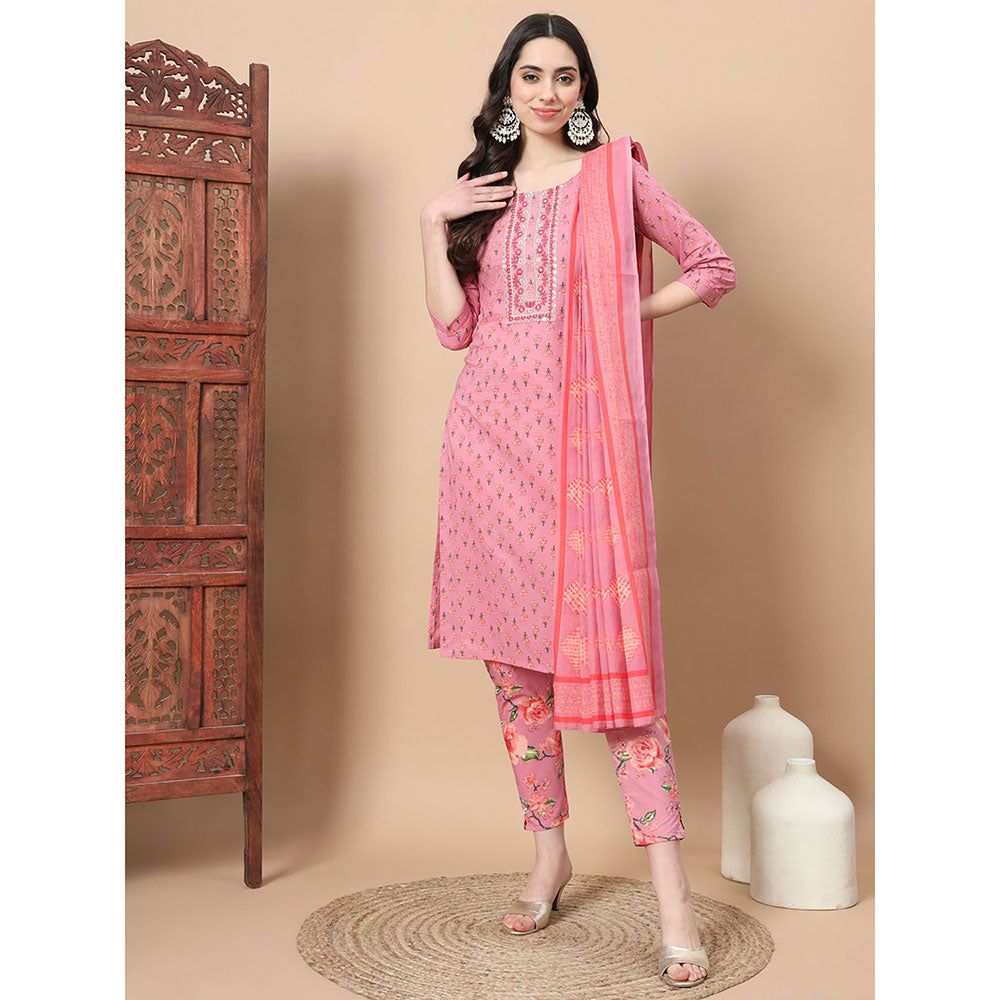 Yufta Pink Ethnic Motifs Cotton Kurta Trouser & Dupatta (Set of 3)