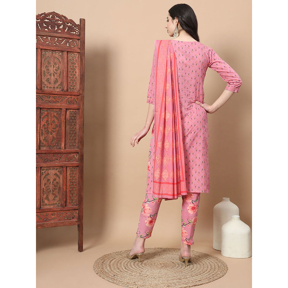 Yufta Pink Ethnic Motifs Cotton Kurta Trouser & Dupatta (Set of 3)