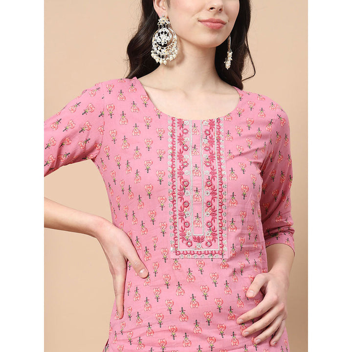 Yufta Pink Ethnic Motifs Cotton Kurta Trouser & Dupatta (Set of 3)