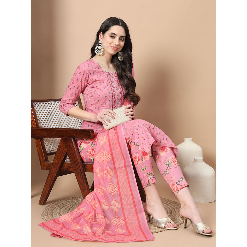 Yufta Pink Ethnic Motifs Cotton Kurta Trouser & Dupatta (Set of 3)