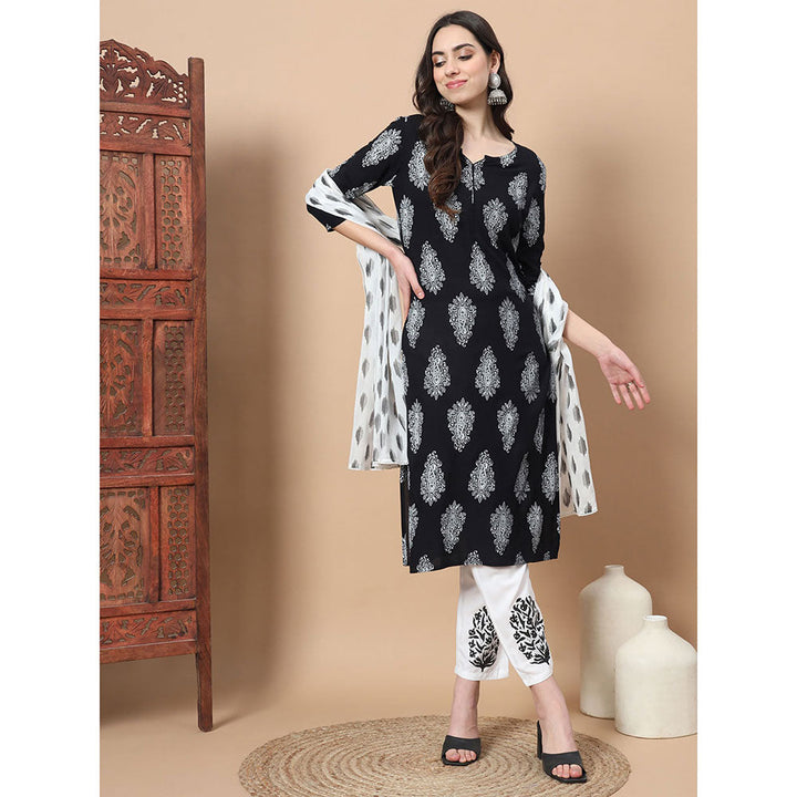 Yufta Women Black Paisley Print Rayon Kurta with Hand Block Print Trouser & Dupatta (Set of 3)