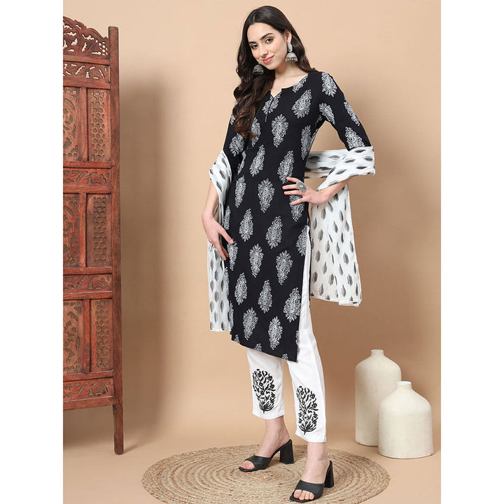 Yufta Women Black Paisley Print Rayon Kurta with Hand Block Print Trouser & Dupatta (Set of 3)