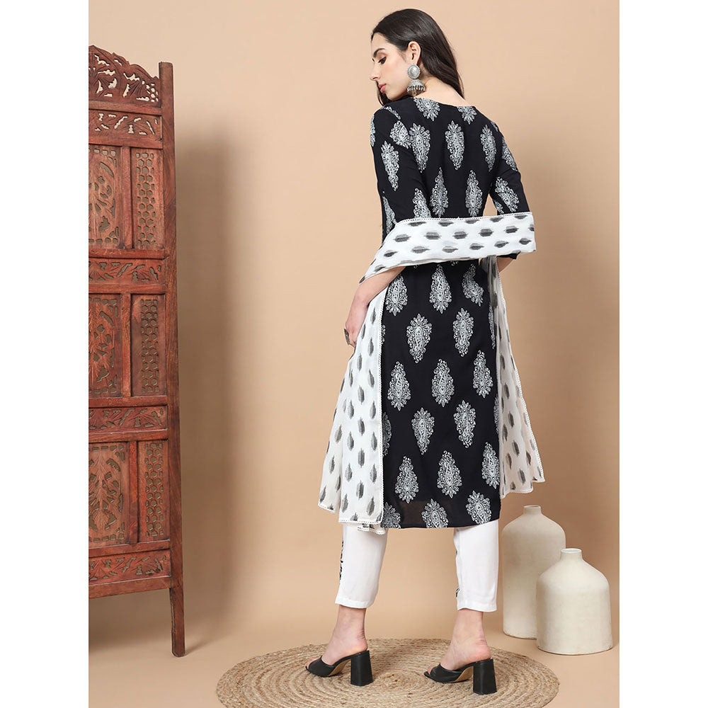 Yufta Women Black Paisley Print Rayon Kurta with Hand Block Print Trouser & Dupatta (Set of 3)