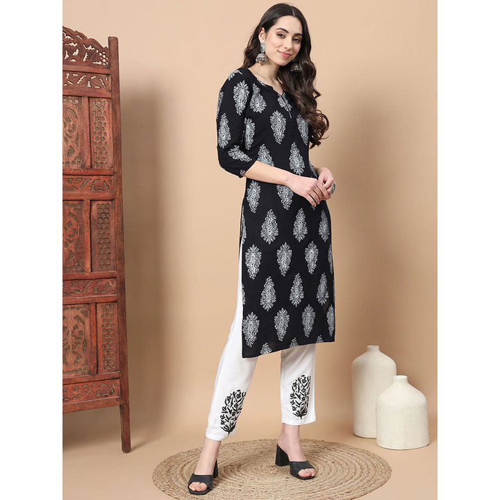 Yufta Women Black Paisley Print Rayon Kurta with Hand Block Print Trouser & Dupatta (Set of 3)